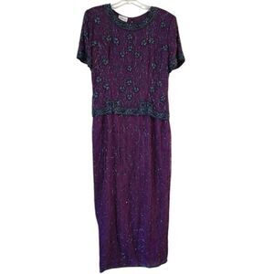 Stenay Womens Vintage Size 16 Evening Gown  Beaded 100% Silk Violet Glam MOB
